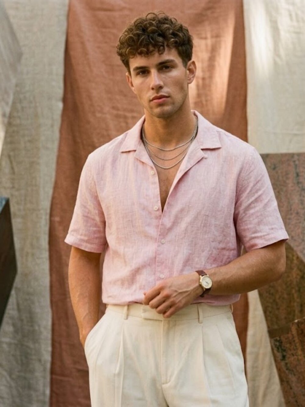 Soul of London Mens Pink Linen Blend Short Sleeve Button Up Shirt Size Large L